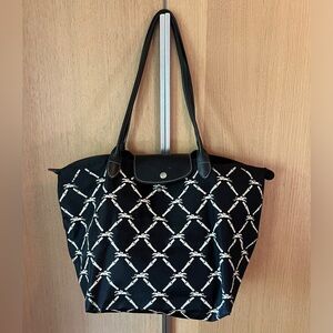 Le Pliage Longchamp L tote bag, black and white Longchamp horse pattern